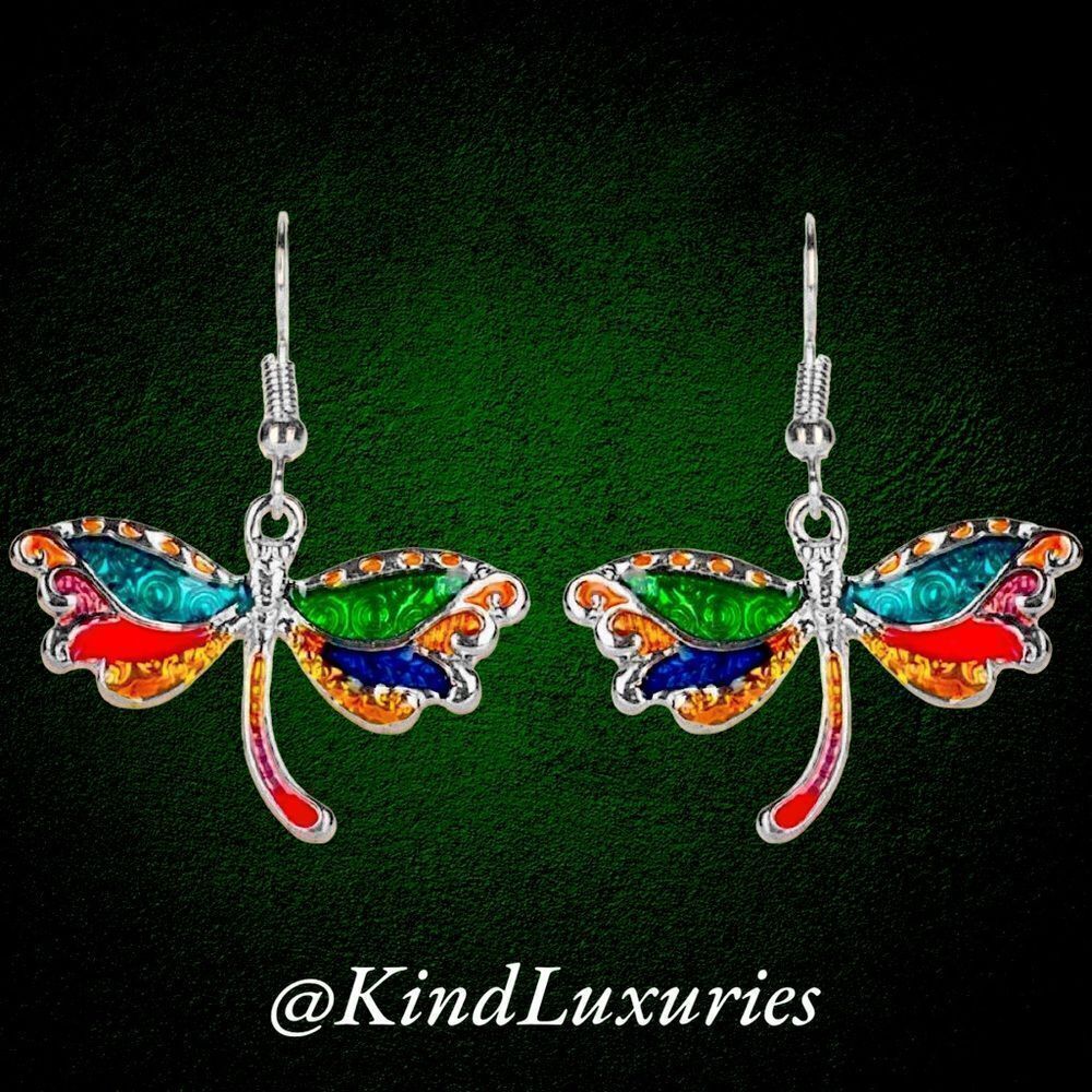 💎192💎 925 Sterling Silver Multicolored Enameled Dragonfly Earrings